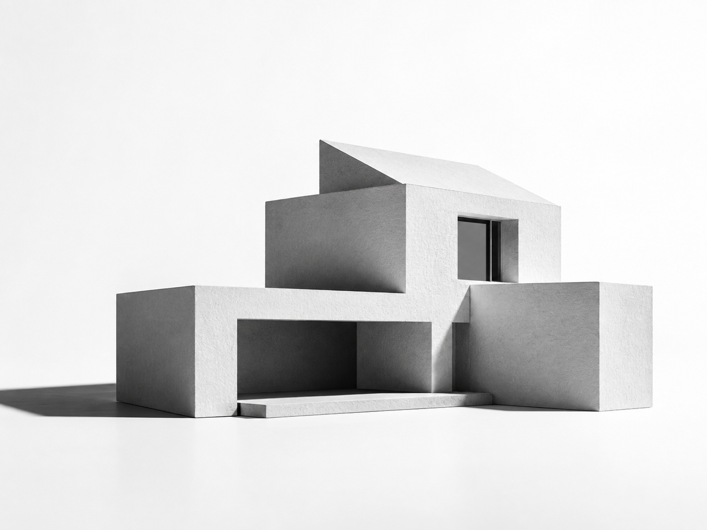 A monochrome architectural model with sculptural white walls and deep shadows; a decorative concept illustration.